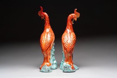 A pair of Chinese famille rose phoenixes and a rooster, Jingdezhen mark, 20th C.