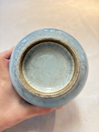 Three Chinese claire-de-lune vases, one with a wooden stand, Yongzheng mark, 19/20th C.