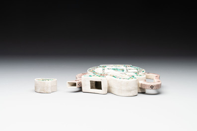 Two Chinese verte biscuit 'fu 福' wine ewers and covers, 19th C.