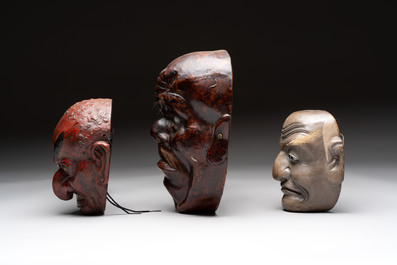 Three Japanese lacquered wooden Kyogen masks, Edo, 18/19th C.