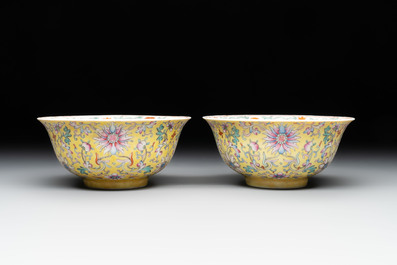 A pair of Chinese famille rose 'flower scroll' bowls, Jiaqing mark and of the period