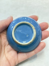 Three Chinese blue-glazed miniature vases on wooden stands and a claire-de-lune seal paste box and cover, 19th C.