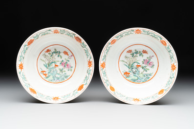 A pair of Chinese famille rose 'flower scroll' bowls, Jiaqing mark and of the period