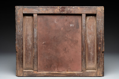 A Chinese carved stone 'Sanxing' plaque mounted in a wooden frame, 19th C.