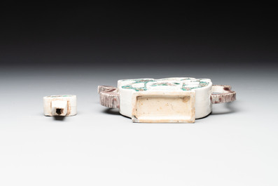 Two Chinese verte biscuit 'fu 福' wine ewers and covers, 19th C.
