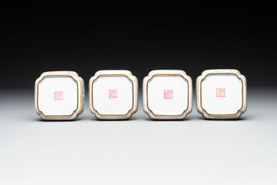 A set of four Chinese Canton enamel square saucers with figural design, Shang Xin 賞心 mark, Yongzheng/Qianlong