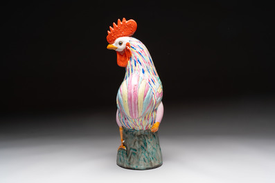 A pair of Chinese famille rose phoenixes and a rooster, Jingdezhen mark, 20th C.
