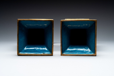 A pair of fine Chinese cloisonn&eacute; square 'gu' vases with antiquities, 19/20th C.
