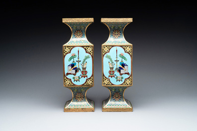 A pair of fine Chinese cloisonn&eacute; square 'gu' vases with antiquities, 19/20th C.