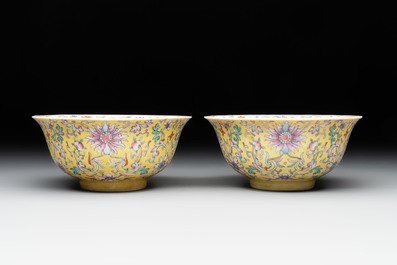 A pair of Chinese famille rose 'flower scroll' bowls, Jiaqing mark and of the period