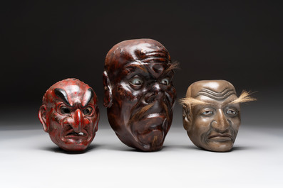 Three Japanese lacquered wooden Kyogen masks, Edo, 18/19th C.