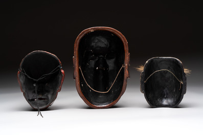Three Japanese lacquered wooden Kyogen masks, Edo, 18/19th C.