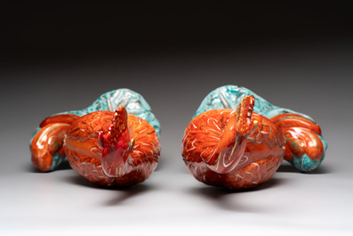 A pair of Chinese famille rose phoenixes and a rooster, Jingdezhen mark, 20th C.