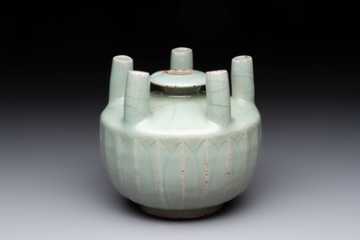 A Chinese Longquan celadon quintuple-tube vase, Yuan