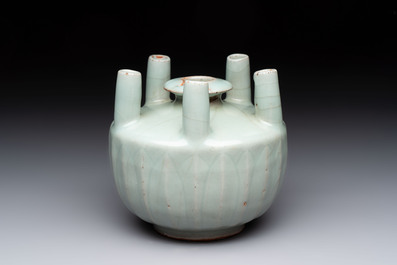 A Chinese Longquan celadon quintuple-tube vase, Yuan