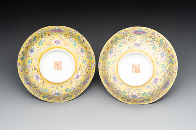 A pair of Chinese famille rose 'flower scroll' bowls, Jiaqing mark and of the period