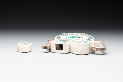 Two Chinese verte biscuit 'fu 福' wine ewers and covers, 19th C.