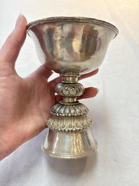 Two Tibetan silver butter lamps, 19th C.