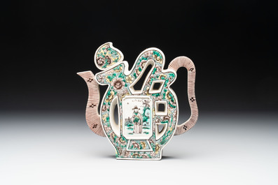 Two Chinese verte biscuit 'fu 福' wine ewers and covers, 19th C.