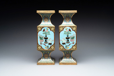 A pair of fine Chinese cloisonn&eacute; square 'gu' vases with antiquities, 19/20th C.