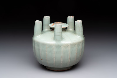 A Chinese Longquan celadon quintuple-tube vase, Yuan