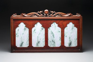 Four Chinese lavender and green jadeite 'Fu Lu Shou Quan 福祿壽全' plaques mounted in a hongmu frame, 19th/20th C.