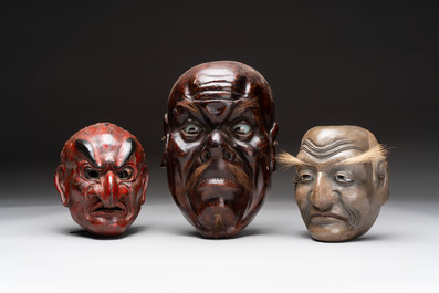 Three Japanese lacquered wooden Kyogen masks, Edo, 18/19th C.