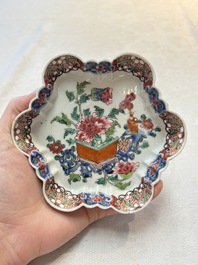 A fine Chinese famille rose tea caddy and a pattipan or teapot stand, Yongzheng/Qianlong
