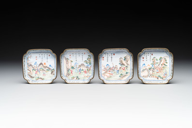 A set of four Chinese Canton enamel square saucers with figural design, Shang Xin 賞心 mark, Yongzheng/Qianlong