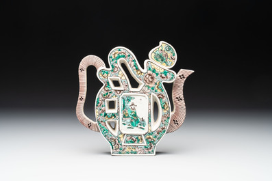 Two Chinese verte biscuit 'fu 福' wine ewers and covers, 19th C.