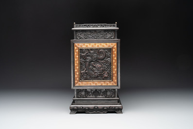 A Chinese zitan cabinet of curiosities with five-clawed dragons, 19/20th C.
