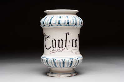 A pair of Spanish splashed blue pottery albarelli and an Italian blue, white and manganese albarello, Savona, 17/18th C.