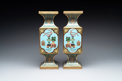 A pair of fine Chinese cloisonn&eacute; square 'gu' vases with antiquities, 19/20th C.