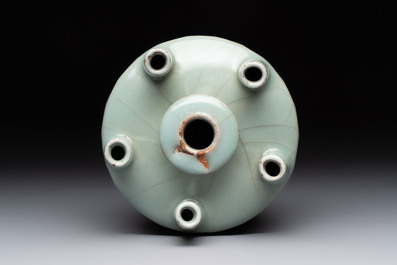 A Chinese Longquan celadon quintuple-tube vase, Yuan