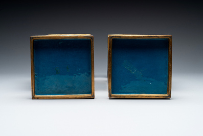 A pair of fine Chinese cloisonn&eacute; square 'gu' vases with antiquities, 19/20th C.
