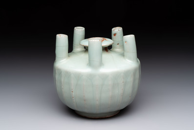 A Chinese Longquan celadon quintuple-tube vase, Yuan