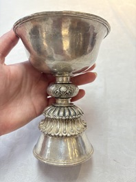 Two Tibetan silver butter lamps, 19th C.