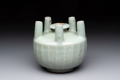 A Chinese Longquan celadon quintuple-tube vase, Yuan