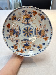 A Chinese Imari-style plate and a blue and white plate with floral design, Johanneum marks, ex-collection of August the Strong, Kangxi/Yongzheng