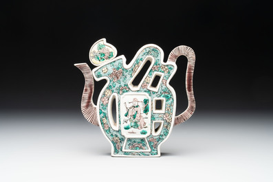 Two Chinese verte biscuit 'fu 福' wine ewers and covers, 19th C.