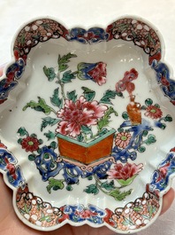 A fine Chinese famille rose tea caddy and a pattipan or teapot stand, Yongzheng/Qianlong