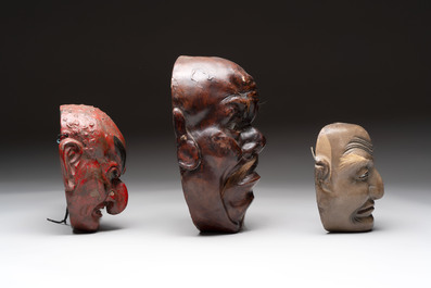 Three Japanese lacquered wooden Kyogen masks, Edo, 18/19th C.