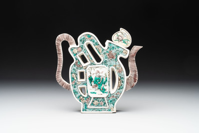 Two Chinese verte biscuit 'fu 福' wine ewers and covers, 19th C.