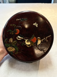 A Chinese hardstone and mother-of-pearl embellished huangli box, 19th C.