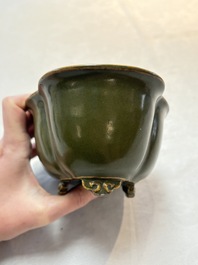 A fine Chinese teadust-glazed quadrifoil jardini&egrave;re with an openworked wooden stand, Yongzheng mark and of the period