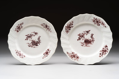 Seven manganese Tournai porcelain plates with floral design, 18th C.