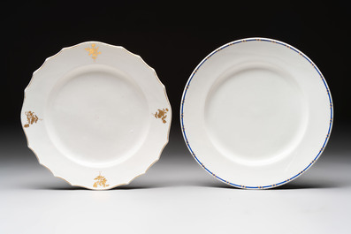Five gilt-decorated and blue-enamelled Tournai porcelain plates, golden crossed swords and four crosses marks, 18th C.