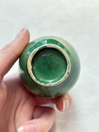 Six Chinese green-glazed wares, with four wooden stands, Chenghua mark, 19/20th C.