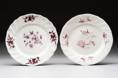 Seven manganese Tournai porcelain plates with floral design, 18th C.