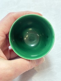 Six Chinese green-glazed wares, with four wooden stands, Chenghua mark, 19/20th C.